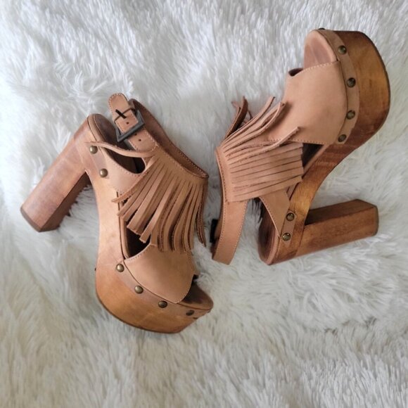 Five Worlds by Cordani Tijuana Tan Fringe Platform Sandals Wooden Heels EU 36.5 - Picture 6 of 10
